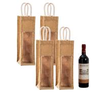 Pasdrucn 4Pcs Jute Pochette Cadeau Bouteille avec Fenêtre Transparente,Sacs Cadeaux pour Bouteilles De Vin,Sacs Cadeaux Réutilisables,Sac Bouteille avec Poignées (1 Compartiment)
