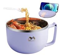 Pasdrucn Bol à nouilles instantanées avec autocollants mignons, anti-fuite en acier inoxydable, bol à bento avec couvercle et poignée, accessoire de cuisine pour légumes, fruits, ramen (violet, 1200