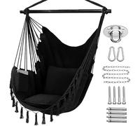 Pasdrucn Fauteuil Suspendu Exterieur avec 2 Coussins, Hamac Chaise Suspendu, Chaise Relax à Franges, Chaise Suspendue Exterieur, Sièges Suspendus Chaise Hamac, Fauteuil Suspendu Interieur (Noir)