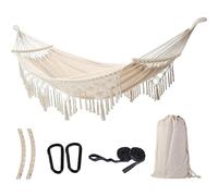 Pasdrucn Hamac Extérieur Suspendu de Bohême avec Support, Tige en Bois et Sangle - Toile Macramé (Blanc)