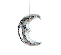 Pasdrucn Sphère Disco à Lune Brillant avec Chaîne en Métal De 40 Cm, Argent Boule À Facettes Lune Décoration, Boule Disco en Forme De Lune Argenté, Boule A Facette Deco A Poser (Argent)
