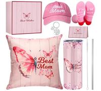 Pasimy Ensemble de cadeaux pour maman - Coffret cadeau d'anniversaire pour la fête des mères - Gobelet de 590 ml avec couvercle - Housse de coussin rose - Chaussettes - Porte-clés - Carte de vœux pour