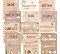Pasimy Lot de 12 affiches d'éléments littéraires bohèmes pour décoration de salle de classe, éléments d'histoire, tableau d'affichage, impressions d'art éducatives, matériel d'étude arc-en-ciel pour