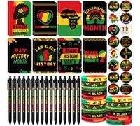Pasimy Lot de 16 ensembles de cadeaux pour le mois de l'histoire des Noirs avec stylos afro-américains, carnets, bracelets, cadeaux de juin en vrac pour décorations d'histoire des Noirs, fournitures