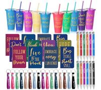 Pasimy Lot de 64 gobelets en plastique inspirants de 680 ml avec couvercle et paille, stylos à bille, porte-clés pour collègues de travail (élégant)