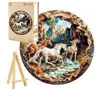 PASJO Puzzle en bois pour adultes - Effet 3D - 300 pièces - Chevaux sauvages au galop - Avec mini chevalet en bois et boîte en bois