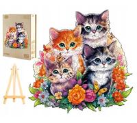 PASJO Puzzle en bois pour adultes Famille de chats 300 pièces 34x33,8 cm Pièces uniques en forme d'animaux Mini-chevalet Boîte en bois