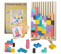 PASLFC Tetris Jeu en bois 3D Tetris Montessori Multicolore Jeu d'empilage en bois Tetris avec 42 pierres et 10 cartes de défi, jouet Montessori à partir de 3 ans, cadeau pour enfants