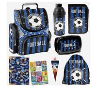 PASO - Cartable pour garçons et filles Lot de 4/6/8/14 - Sac à dos d'école pour enfants avec trousse - Sac à chaussures et cahier de devoirs - Motif football - 1-3 classes, Lot de 8, L
