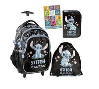PASO - Cartable pour garçons et filles - Lot de 4/6 sacs à dos d'écolier à roulettes pour enfants avec trousse - Sac à chaussures - Motif Lilo et Stitch - 1-3 classe, Lot de 4, L