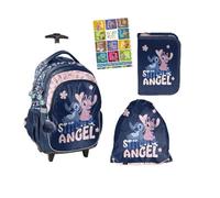 PASO - Cartable pour garçons et filles - Lot de 4 sacs à dos d'école à roulettes pour enfants avec trousse - Sac à chaussures et cahier de devoirs - Motif Lilo et Stitch - 1-3 classe