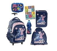 PASO - Cartable pour garçons et filles - Lot de 6 sacs à dos d'écolier à roulettes pour enfants avec trousse - Sac à chaussures - Boîte à déjeuner - Gourde - Motif Lilo et Stitch - 1-3 classes