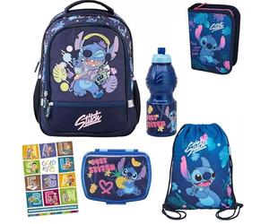 PASO - Cartable pour garçons et filles - Sac à dos scolaire pour enfants avec trousse - Sac à chaussures - Boîte à déjeuner - Gourde et cahier de devoirs - Motif Lilo et Stitch (lot de 6), Lot de 6,