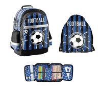 PASO Ensemble d'école 3 pièces : sac à dos + sac de gym + trousse remplie - Football - Bleu