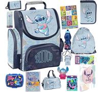 PASO - Lot de 15 cartables pour garçons et filles - Sac à dos d'école pour enfants avec trousse à crayons - Sac à chaussures, gourde et boîte à déjeuner - Motif Stitch - Classe 1 à 3