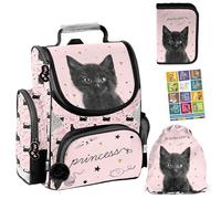 PASO - Lot de 4 cartables pour garçons et filles - Sac à dos d'école pour enfants avec trousse à crayons - Sac à chaussures et carnet de devoirs - Motif chat - Classe 1-3