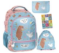 PASO - Lot de 4 cartables pour garçons et filles - Sac à dos d'école pour enfants avec trousse à crayons - Sac à chaussures et carnet de devoirs - Motif cochon d'eau - Classe 1 à 3