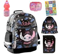 PASO - Lot de 6 cartables pour garçons et filles - Sac à dos d'école pour enfants avec trousse à crayons - Sac à chaussures, gourde et boîte à déjeuner - Motif Stitch - Classe 1 à 3