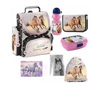 PASO - Lot de 8 cartables pour garçons et filles - Sac à dos d'écolier pour enfants avec trousse - Sac à chaussures - Porte-bouteille et boîte à déjeuner - Motif cheval - 1-3 classe, multicolore, L