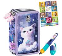 PASO - Trousse à 3 compartiments - Trousse pour fille - Trousse à 3 compartiments - Trousse d'école remplie - Stylo plume et carnet de devoirs - Chat