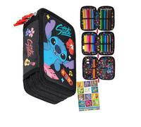 PASO - Trousse à 3 compartiments - Trousse pour fille - Trousse à 3 compartiments - Trousse remplie - Trousse d'écolier et cahier de devoirs - Stitch
