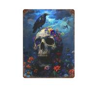 PASOFENE Raven Skull FlowersWall Decor Art Metal Tin Poster Modern Bar Decorations40x30cm