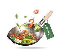 pasoli Wok traditionnel | Fond plat | Pour cuisinière (y compris induction) | 30 cm de diamètre | en acier au carbone martelé à la main | Poignée en bois | Revêtement anti-adhésif naturel