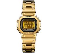 PASOY Montre numérique Multifonction pour Homme, boîtier carré en Acier Inoxydable, Double Fuseau horaire, réveil, chronomètre, Compte à rebours, rétro-éclairé, Montre étanche, Or pour Femme, M