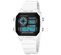 PASOY Montre numérique multifonction pour homme, double fuseau horaire, chronomètre, compte à rebours rétroéclairé, montre étanche, Blanc A, Sports