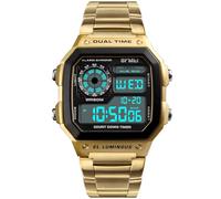 PASOY Montre numérique multifonction pour homme, double fuseau horaire, chronomètre, compte à rebours rétroéclairé, montre étanche, doré, M, Mode