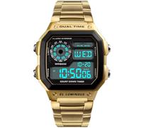 PASOY Montre numérique multifonction pour homme, double fuseau horaire, chronomètre, compte à rebours rétroéclairé, montre étanche, doré, M, Mode