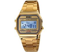 PASOY Montre numérique pour homme en acier inoxydable rétroéclairée multifonction avec chronomètre étanche, doré, M, Numérique