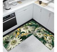 Passiflore Feuilles Tapis de Cuisine, 50x80cm+50x150cm, Plantes rétro Tapis Couloir Long Antidérapant Lavable en Machine, pour Entrée Couloir Décor, Vert