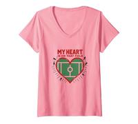 Passion des Fans de Football My Heart is on That Field T-Shirt avec Col en V, Femme, Rose, M