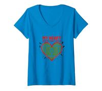 Passion des Fans de Football My Heart is on That Field T-Shirt avec Col en V, Femme, Saphir, M