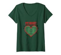 Passion des Fans de Football My Heart is on That Field T-Shirt avec Col en V, Femme, Vert Forêt, M