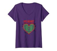 Passion des Fans de Football My Heart is on That Field T-Shirt avec Col en V, Femme, Violet, XL