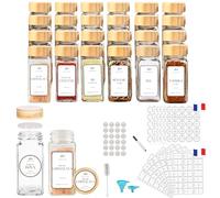 PASSION GATEAU 12 bocaux à épices carrés en verre 120 ml avec couvercle en bambou à visser pour rangement des épices cuisine avec 287 étiquettes, feutre, entonnoir et brosse de nettoyage