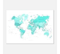 PassionCadeau Carte du Monde Murale Turquoise - Mappemonde Éducative & Décorative - Poster Planisphère Voyage - Tableau Carte du Monde Premium