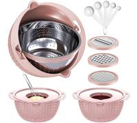 Passoire 4-1 avec bol - Passoire alimentaire avec râpes et cuillères - Passoires pour cuisine - Passoires et passoires - Bol à fruits avec passoire pour pâtes et riz - Rose