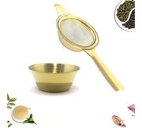 Passoire à thé en acier inoxydable avec bol d'égouttement en acier inoxydable pour filtre à thé en vrac, outil de cuisine avec long manche et support (doré)