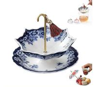 Passoire à thé en céramique en forme de parapluie, diffuseur de thé en forme de parapluie, filtre à thé en porcelaine chinoise bleu et blanc avec base assortie, ensemble d'infuseur à thé en céramique
