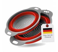 Passoire pliable, en silicone de cuisine, passoire à pâtes, bol de lavage pour pâtes, fruits, légumes, 2 tailles (24,5 + 29,2 cm) (rouge)