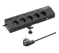 PASSUS Multiprise avec USB-C 30W, Prise Européenne de Table, Câble 2M, Noir | 5 Prises Secteur et 5 USB, 4000W avec Interrupteurs Individuels, Parafoudre et Surtension, Mult Prise pour Maison et Bureau