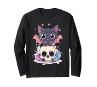 Pastel Goth Cat With Bat Wings Skull Manche Longue