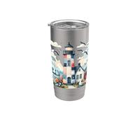 Pastel Patchwork Phare Bord de Mer Cottage Scène Gobelet isotherme en acier inoxydable double paroi