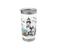 Pastel Patchwork Phare Bord de Mer Cottage Scène Gobelet isotherme en acier inoxydable double paroi