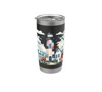 Pastel Patchwork Phare Bord de Mer Cottage Scène Gobelet isotherme en acier inoxydable double paroi