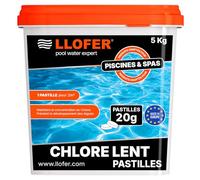 Pastilles de Chlore Lent 20g - Haute Teneur en Chlore (90%) -Seau de 5kg - chloration permanente hautement Efficace Contre Les bactéries, fabriquer en Europe
