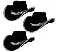 Pastoralist 3pcs Black Cowboy Hat, Silver Sequin Wide Brim Cowboy Sparkly Cowboy Hat, Classic Élégant Breathable & Functional Cowboy Hat pour les usages quotidiens, voyages, cosplay, chapeaux